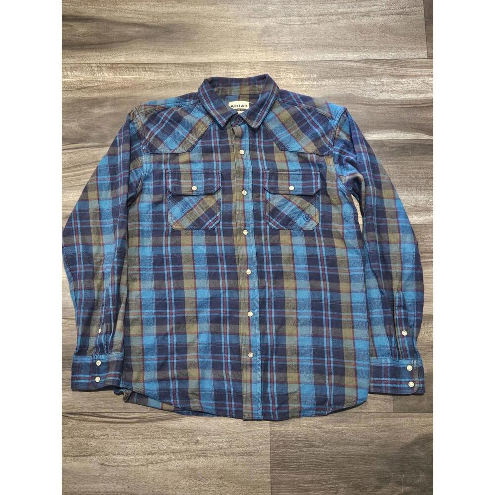 Ariat Halstead Plaid Flannel Shirt Men L Teal Pearl Snap Retro Fit Western LS